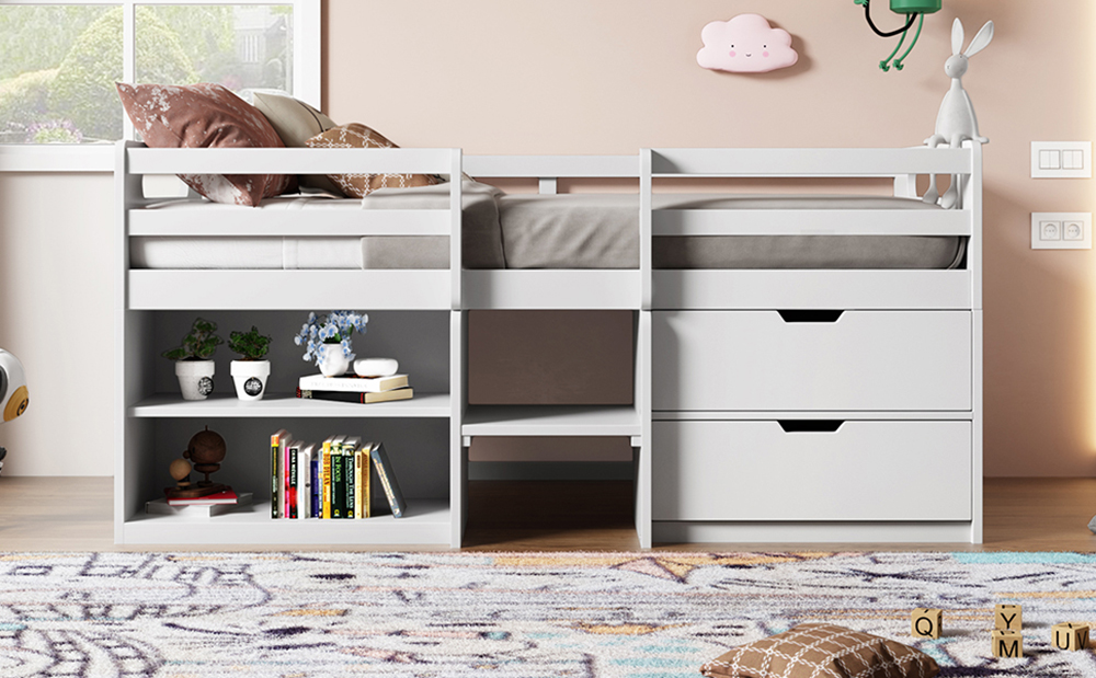 Twin-Size Loft Bed Frame with 2 Storage Drawers, 2 Shelves, and Wooden Slats Support, No Box Spring Required, for Kids, Teens, Boys, Girls (Frame Only) - White