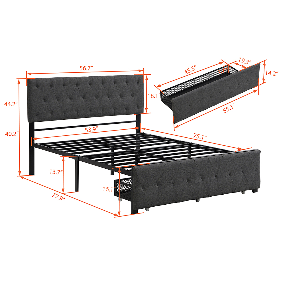 Full Size Upholstered Platform Bed Frame with Storage Drawer, Headboard, and Metal Slats Support, No Box Spring Needed (Only Frame) - Gray