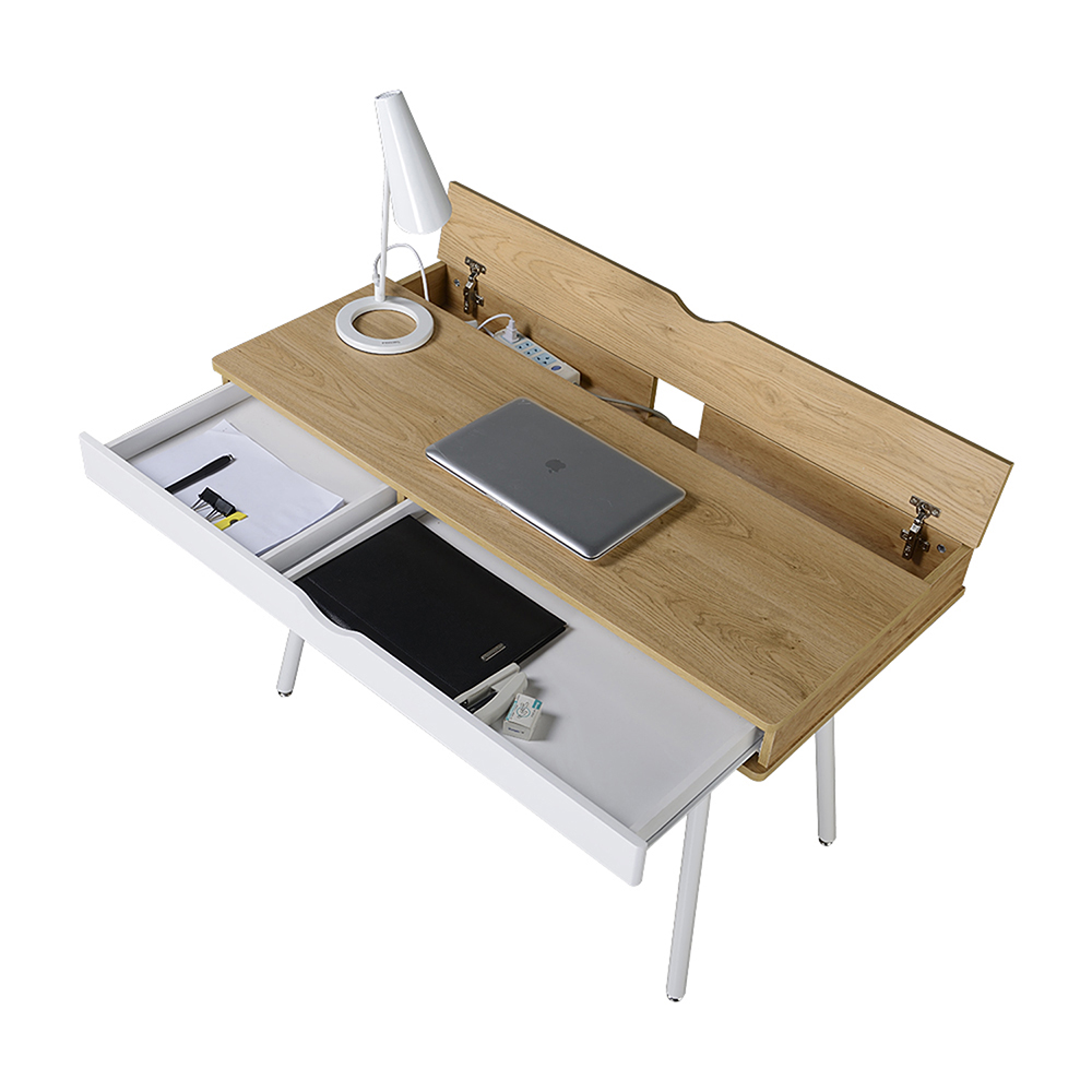 Techni Mobili Home Office Computer Desk with Storage Drawer, MDF Tabletop and Metal Frame, for Game Room, Small Space, Study Room - Oak