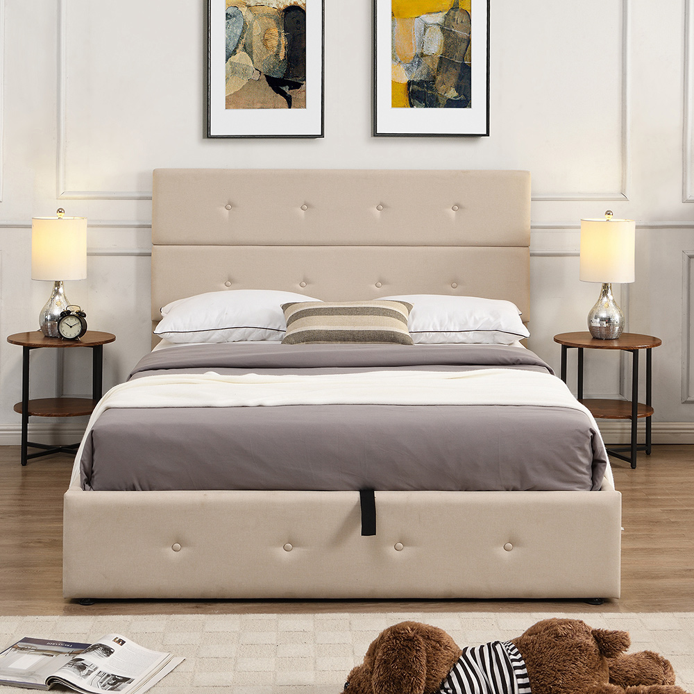 Full Size Upholstered Platform Bed Frame with Storage Space, Headboard and Wooden Slats Support, No Box Spring Needed (Only Frame) - Beige