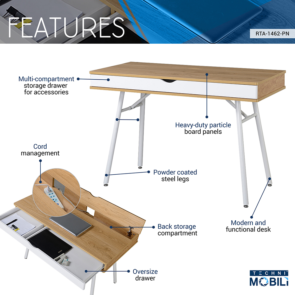 Techni Mobili Home Office Computer Desk with Storage Drawer, MDF Tabletop and Metal Frame, for Game Room, Small Space, Study Room - Oak