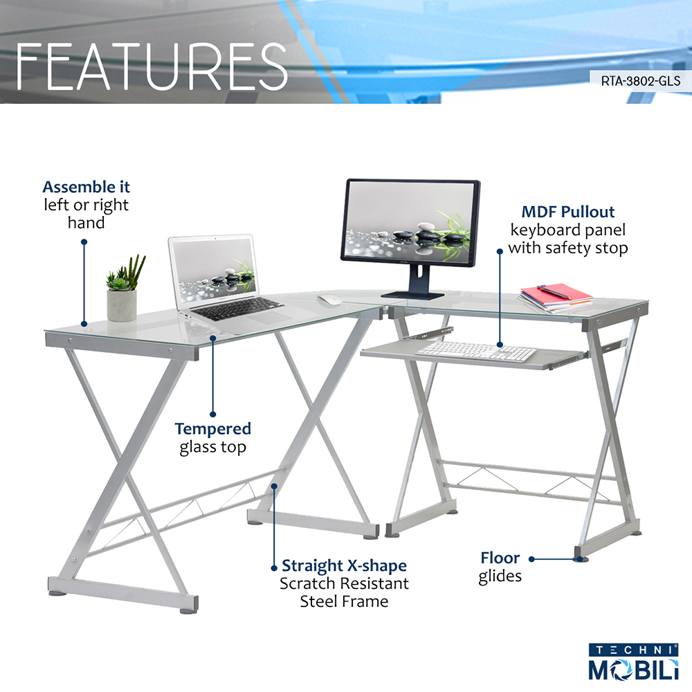 Techni Mobili Home Office Computer Desk with Pull-Out Keyboard Panel, Glass Tabletop and Metal Frame, for Game Room, Small Space, Study Room - White