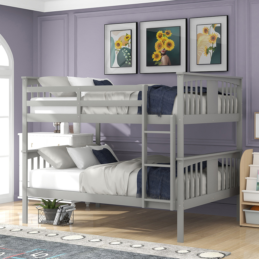 Full-Over-Full Size Bunk Bed Frame with Ladder, and Wooden Slats Support, for Kids, Teens, Boys, Girls (Frame Only) - Gray