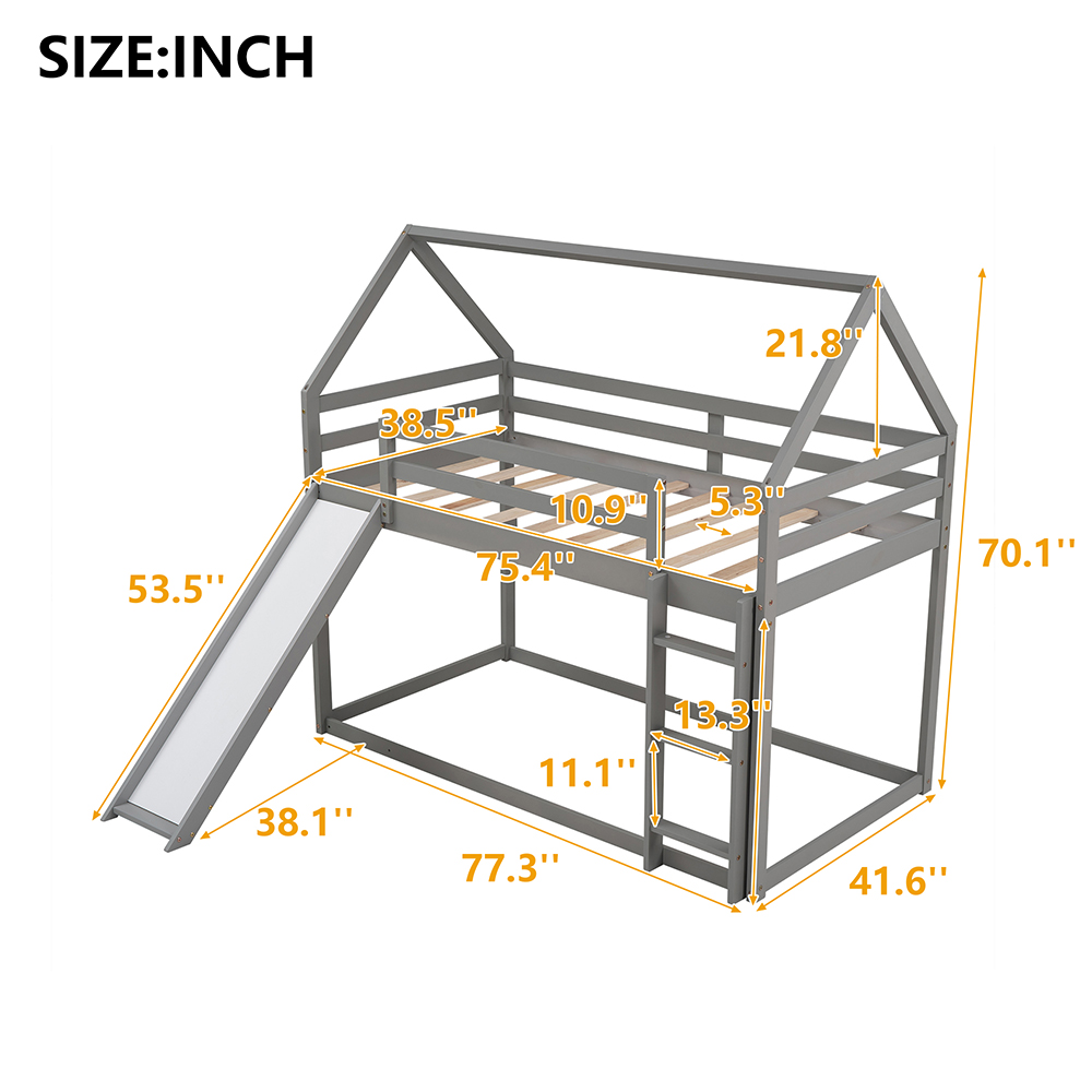 Twin-Over-Twin Size House-shaped  Bunk Bed Frame with Slide, Ladder, and Wooden Slats Support, for Kids, Teens, Boys, Girls (Frame Only) - Gray