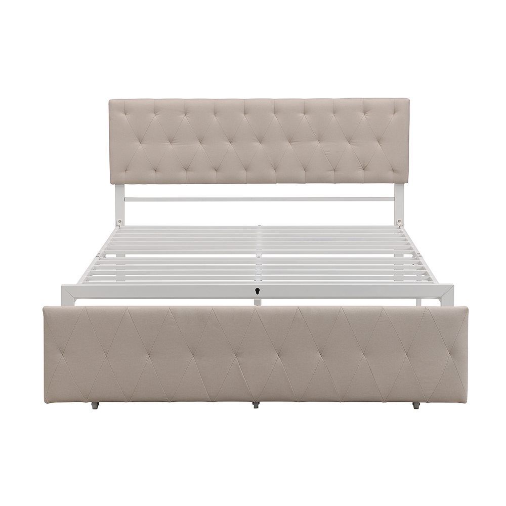 Queen Size Upholstered Platform Bed Frame with Storage Drawer, Headboard, and Metal Slats Support, No Box Spring Needed (Only Frame) - Beige