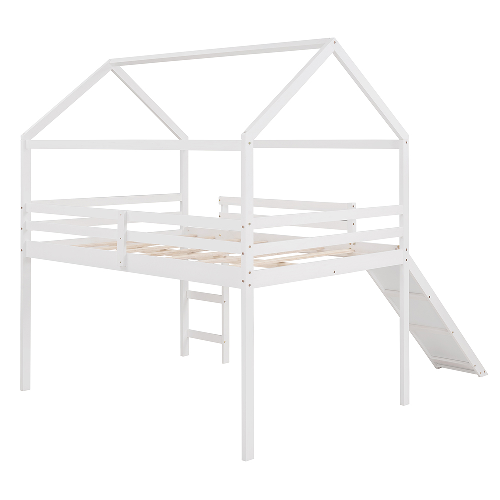 Full-Size Loft Bed Frame with Slide and Wooden Slats Support, No Box Spring Required, for Kids, Teens, Boys, Girls (Frame Only) - White