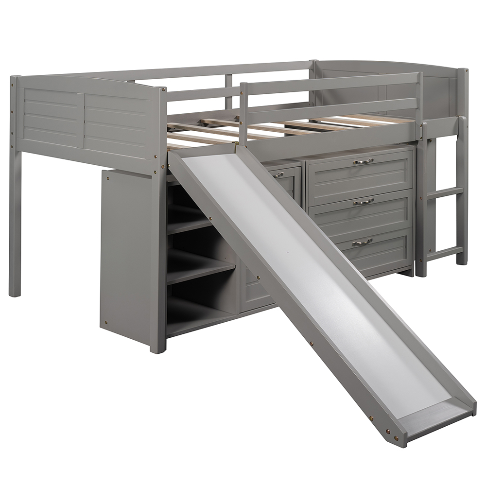 Twin-Size Loft Bed Frame with Storage Cabinets, Shelves, Slide, and Wooden Slats Support, No Box Spring Required, for Kids, Teens, Boys, Girls (Frame Only) - Gray