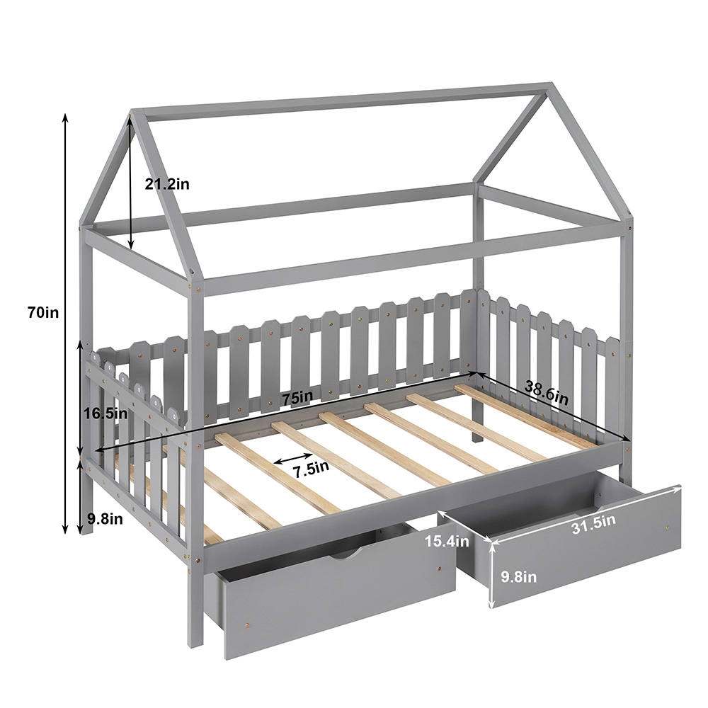 Twin Size House-Shaped Platform Bed Frame with 2 Storage Drawers, Fence-shaped Guardrail, and Wooden Slats Support, No Box Spring Needed (Only Frame) - Gray
