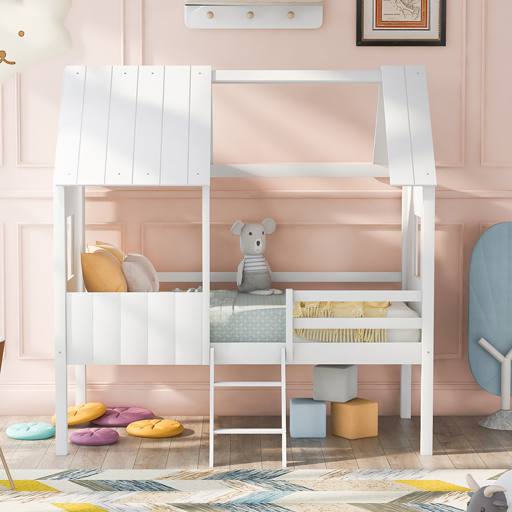 Twin-Size House-Shaped Loft Bed Frame with Two Side Windows and Wooden Slats Support, No Box Spring Required, for Kids, Teens, Boys, Girls (Frame Only) - Normal White + Normal White