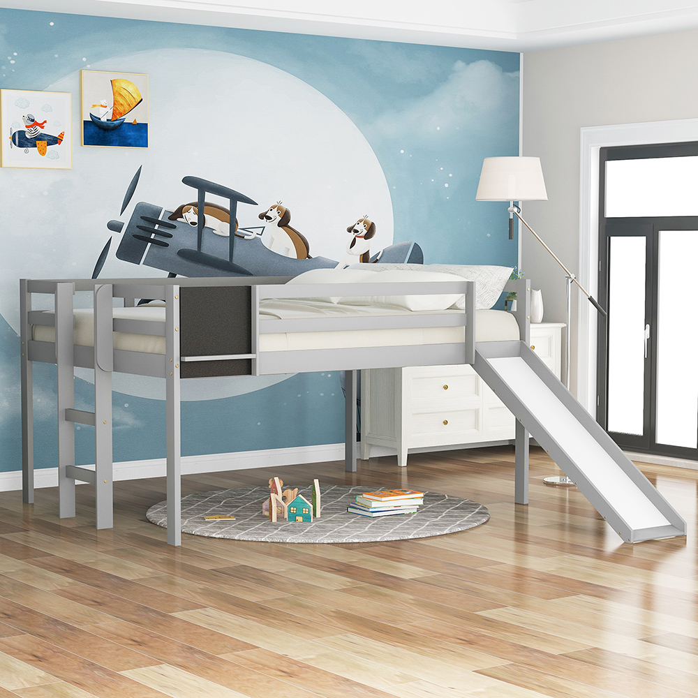 Full-Size Loft Bed Frame with Slide, Chalkboard, and Wooden Slats Support, No Box Spring Required, for Kids, Teens, Boys, Girls (Frame Only) - Gray
