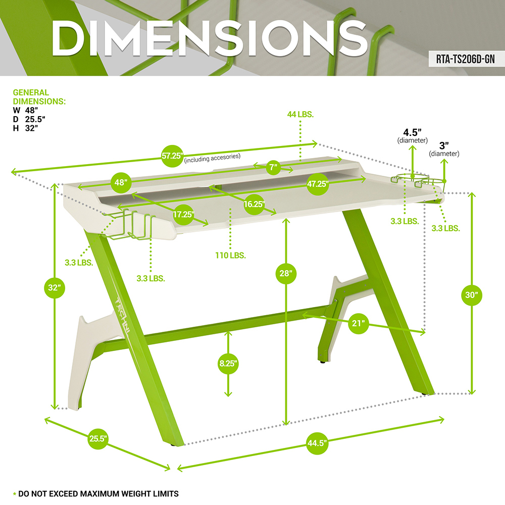 Techni Home Office Gaming Desk with Cup Holder, Headphone Hook, MDF Tabletop and Metal Frame, for Game Room, Small Space, Study Room - Green