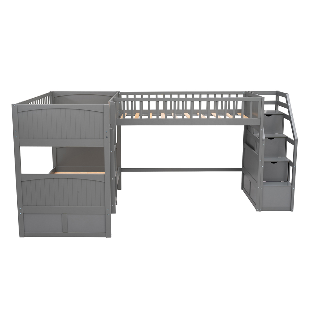 Twin-Over-Twin Size L-Shaped Bunk Bed Frame with Ladder, Storage Stairs, and Wooden Slats Support, for Kids, Teens, Boys, Girls (Frame Only) - Gray