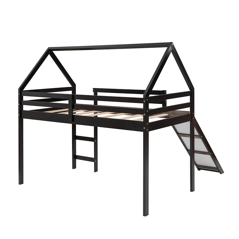 TwinSize HouseShaped Loft Bed Frame with Slide Espresso