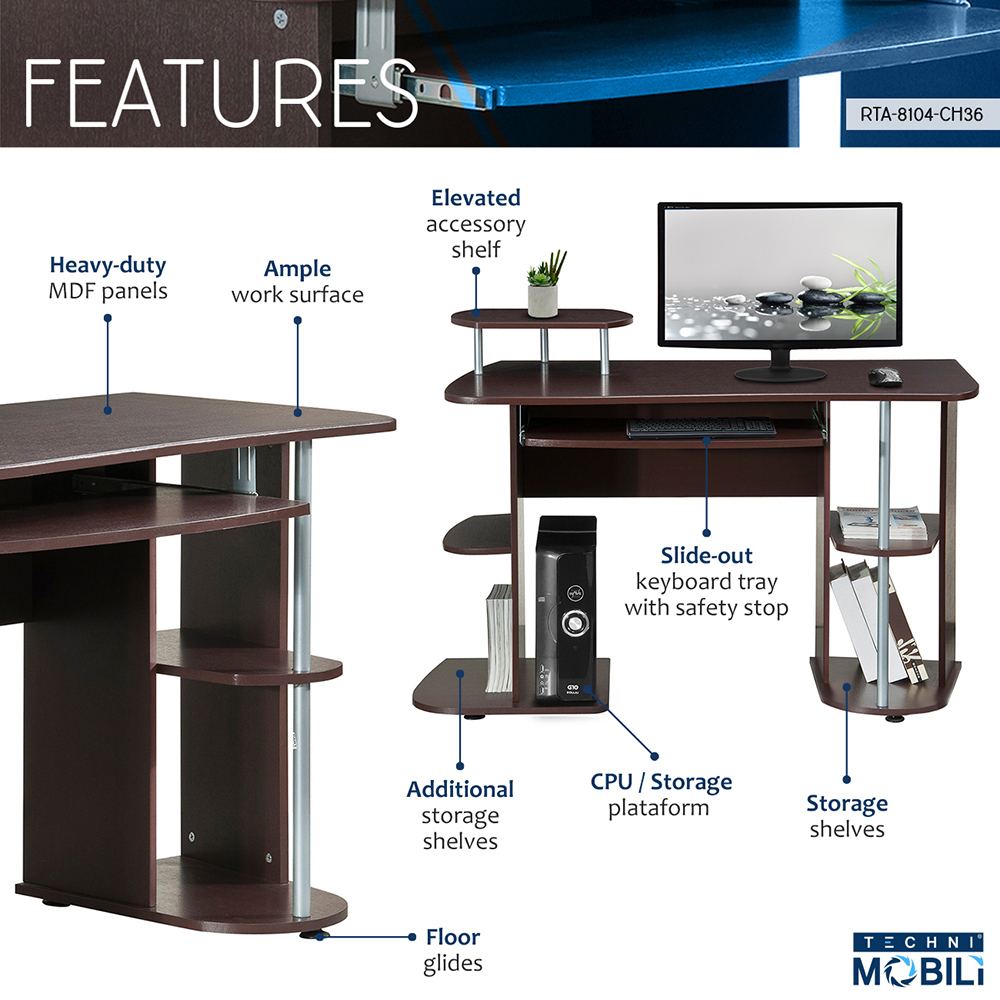 Techni Mobili 46.5" Computer Desk with Slide-out Keyboard Tray, Storage Shelves, and MDF Frame, for Game Room, Small Space, Study Room - Chocolate