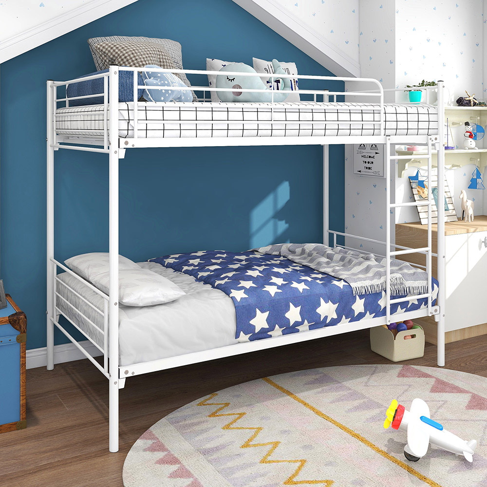 Twin-Over-Twin Size Bunk Bed Frame with Ladder, and Metal Slats Support, No Spring Box Required, for Kids, Teens (Frame Only) - White