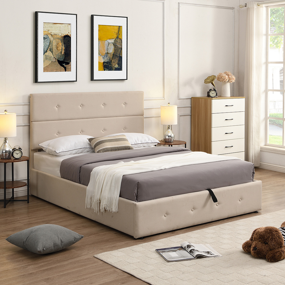 Full Size Upholstered Platform Bed Frame with Storage Space, Headboard and Wooden Slats Support, No Box Spring Needed (Only Frame) - Beige