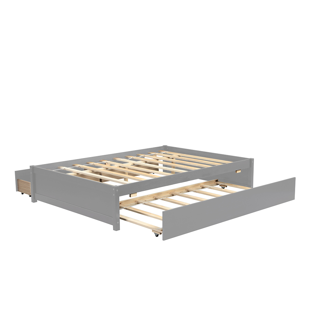 Full Size Platform Bed Frame with Twin Size Trundle, 2 Storage Drawers, and Wooden Slats Support, No Box Spring Needed (Only Frame) - Gray