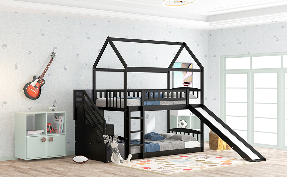 Twin-Over-Twin Size Bunk Bed Frame with Storage Stairs, Slide, and Wooden Slats Support, for Kids, Teens, Boys, Girls (Frame Only) - Espresso