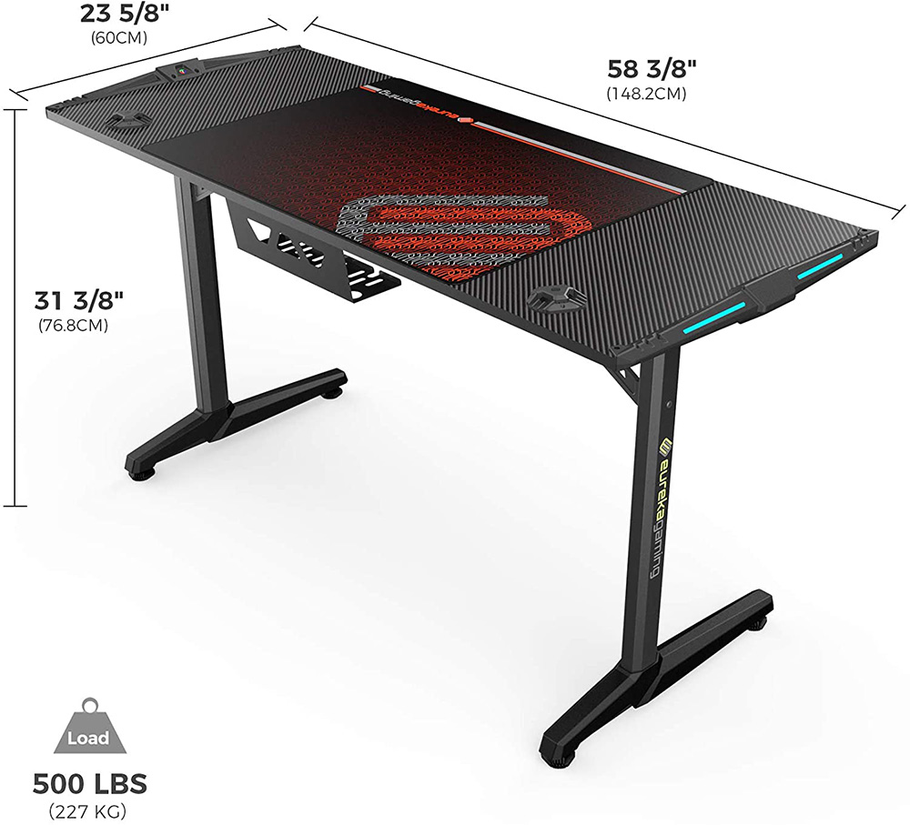 Home Office 55" Gaming Desk with RGB LED Lights and Metal Frame, for Game Room, Small Space, Study Room - Black