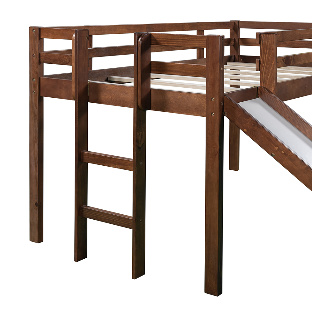 Twin-Size Loft Bed Frame with Slide, Chalkboard, and Wooden Slats Support, No Box Spring Required, for Kids, Teens, Boys, Girls (Frame Only) - Walnut