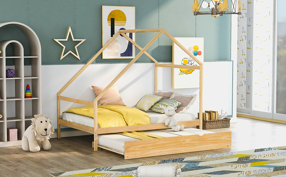 Full Size House-shaped Platform Bed Frame with Twin Size Trundle, and Wooden Slats Support, No Box Spring Needed (Only Frame) - Natural