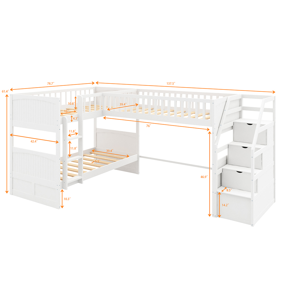 Twin-Over-Twin Size L-Shaped Bunk Bed Frame with Ladder, Storage Stairs, and Wooden Slats Support, for Kids, Teens, Boys, Girls (Frame Only) - White