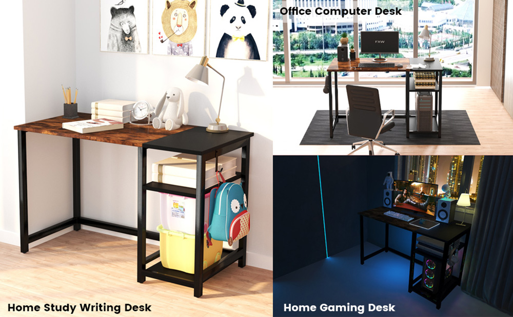 Home Office 47" L-shaped Computer Desk with Storage Shelves, Wooden Tabletop and Metal Frame, for Game Room, Small Space, Study Room - Brown