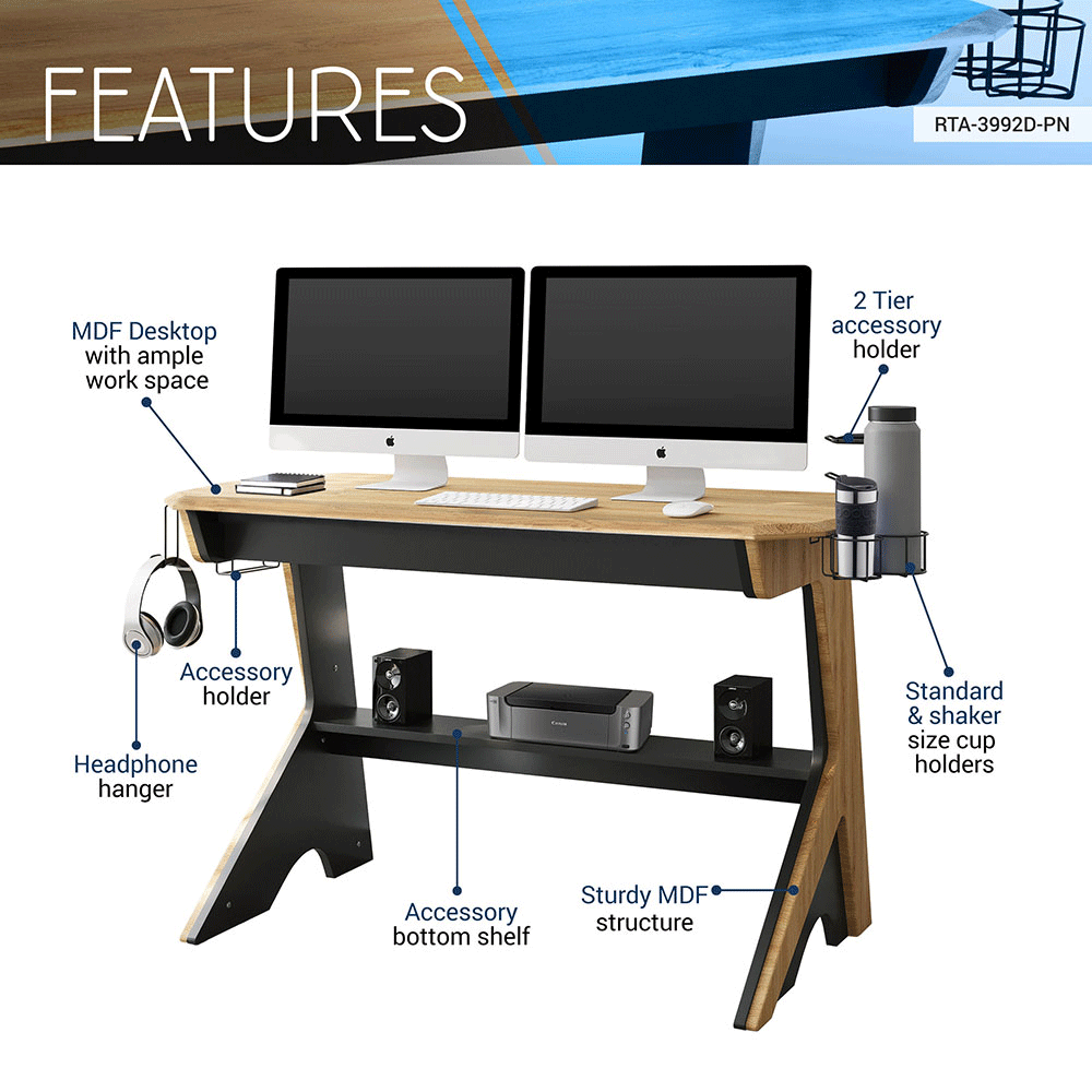 Techni Mobili Home Office 50" Computer Desk with 2 Cup Holders, Headphone Hook, and Wooden Frame, for Game Room, Small Space, Study Room - Brown