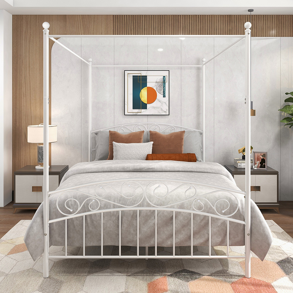 Queen Size Canopy Platform Bed Frame with Headboard and Metal Slats Support, No Box Spring Needed (Only Frame) - White