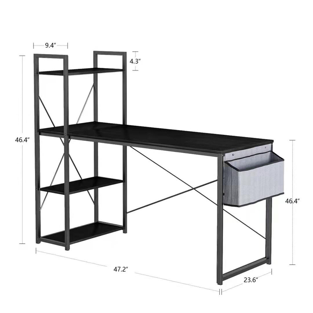 Home Office 47" Computer Desk with Storage Shelves, Side Bag, MDF Tabletop and Metal Legs, for Game Room, Study Room, Small Space - Brown