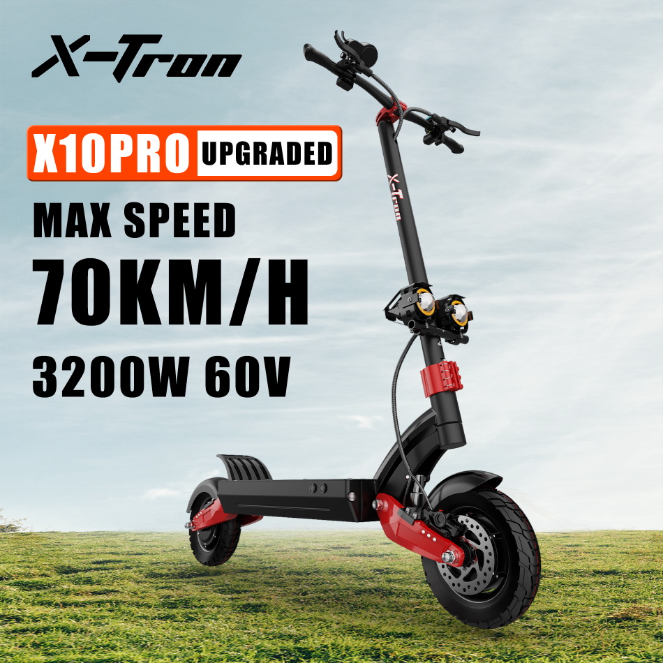 X-Tron X10 Pro 10 inch Folding Off-Road Electric Scooter 1600W *2 Motor 60V 20.8Ah Battery Max speed 65-70km/h Max load 150KG Hydraulic brake Aluminum alloy Body - Red