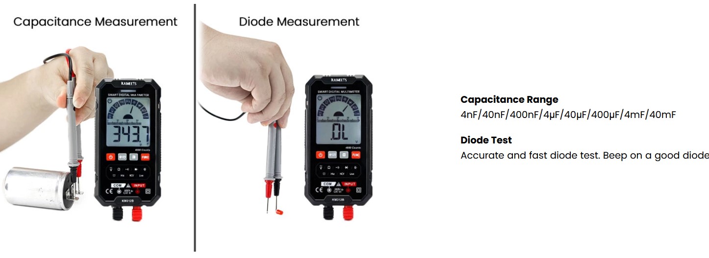 KAIWEETS KM312B Digital Multimeter, 4000 Counts,Voltage Meter,Current Meter,Non-contact voltage tester, Capacitance meter,Continuity tester,Diode tests,Battery tests,auto-ranging,TRMS,Data Hold,auto power-off