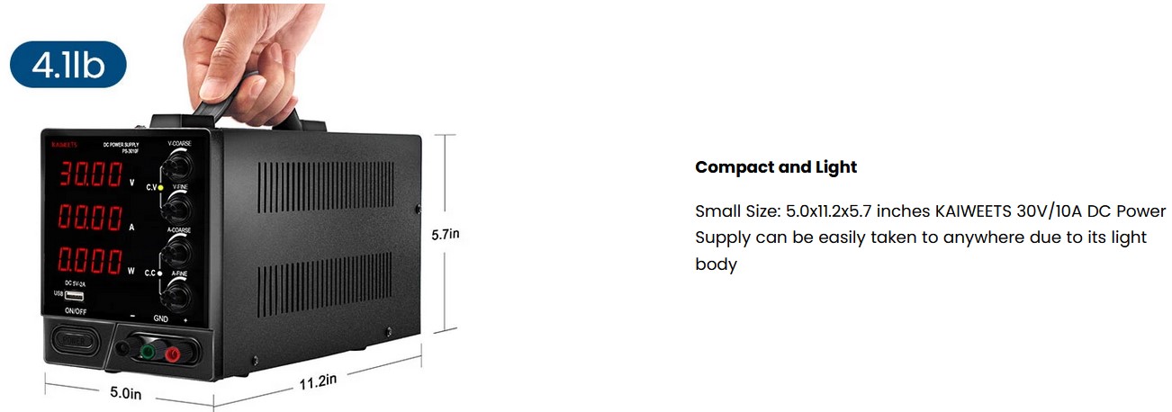 KAIWEETS PS-3010F DC Power Supply, 30V 10A, 4-Digit Large Display, Adjustable Switch, USB Interface