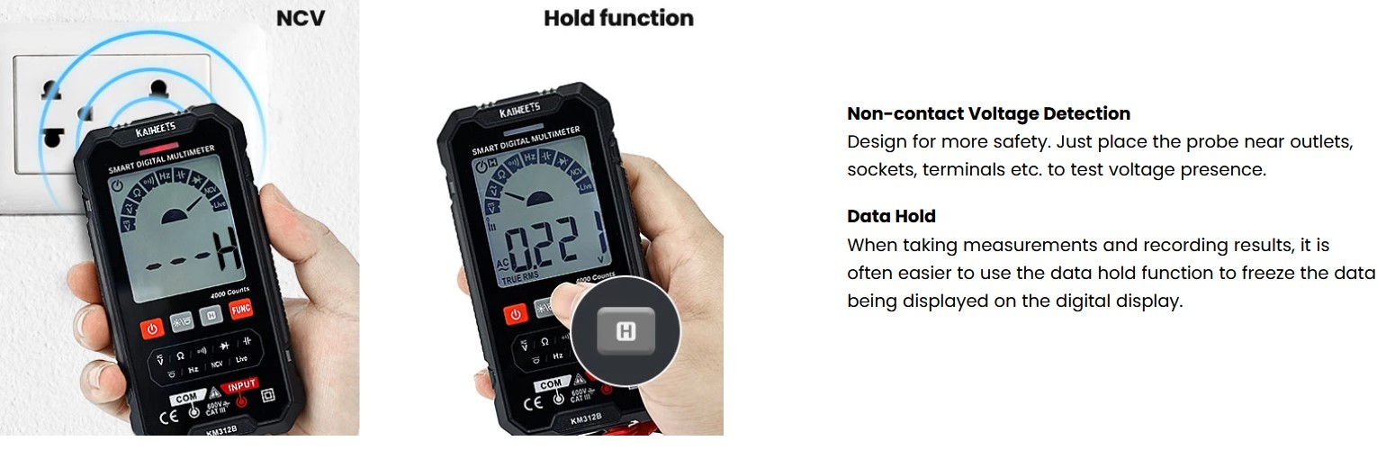 KAIWEETS KM312B Digital Multimeter, 4000 Counts,Voltage Meter,Current Meter,Non-contact voltage tester, Capacitance meter,Continuity tester,Diode tests,Battery tests,auto-ranging,TRMS,Data Hold,auto power-off