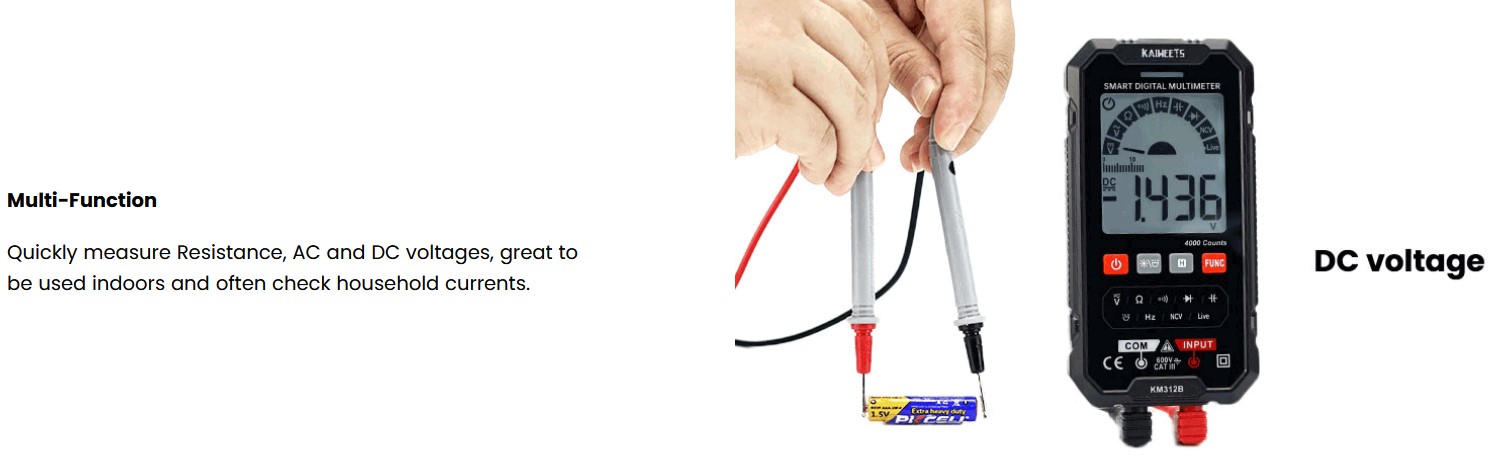 KAIWEETS KM312B Digital Multimeter, 4000 Counts,Voltage Meter,Current Meter,Non-contact voltage tester, Capacitance meter,Continuity tester,Diode tests,Battery tests,auto-ranging,TRMS,Data Hold,auto power-off