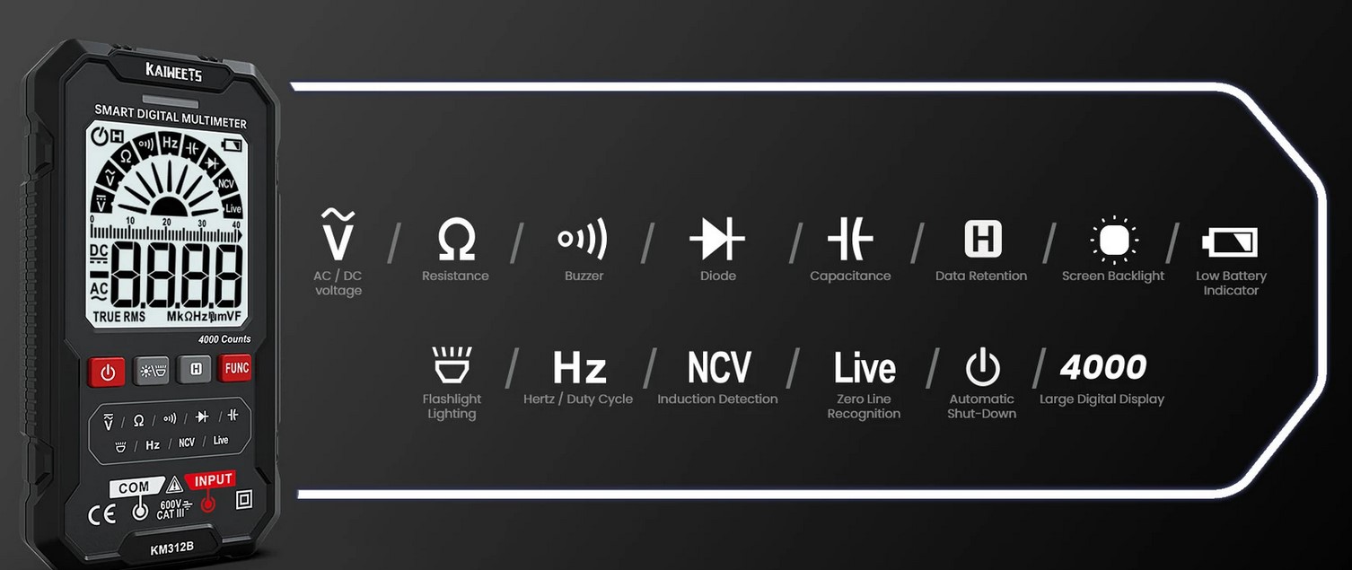 KAIWEETS KM312B Digital Multimeter, 4000 Counts,Voltage Meter,Current Meter,Non-contact voltage tester, Capacitance meter,Continuity tester,Diode tests,Battery tests,auto-ranging,TRMS,Data Hold,auto power-off