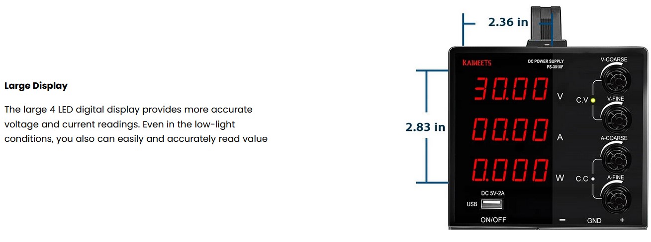 KAIWEETS PS-3010F DC Power Supply, 30V 10A, 4-Digit Large Display, Adjustable Switch, USB Interface