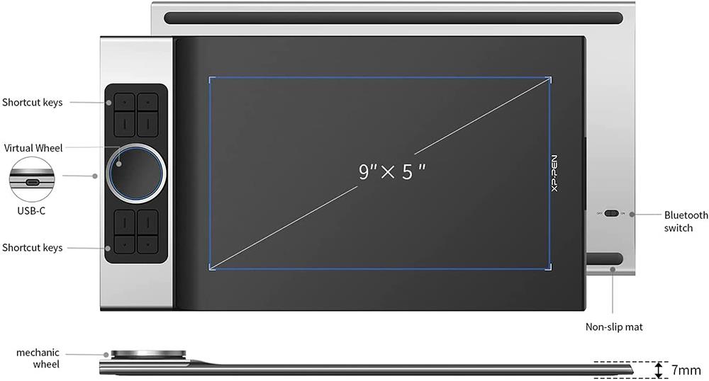 XP-PEN Deco Pro SW Graphic Tablet with 9 x 5 Inch Work Surface, 8192 Level Stylus Pen, for Drawing, Design, Editing, Compatible with Mac, Windows, Android - Black