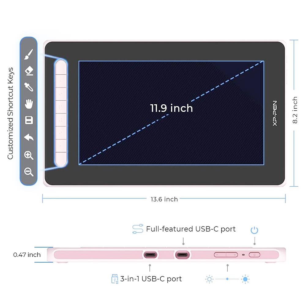 XP-PEN Artist 12 2nd Generation Graphic Tablet with 13.6 x 8.2 Inch 127% sRGB Display, 8192 Level Stylus Pen, for Drawing, Design, Editing, Compatible with Windows, Mac, Chrome OS, Linux, Android - Pink