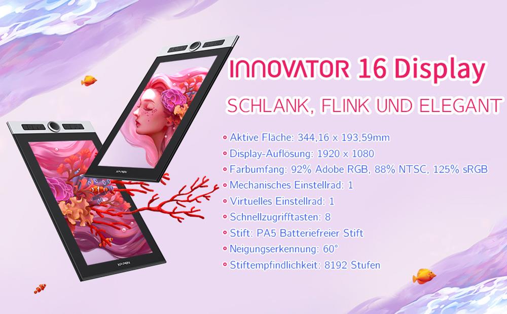 XP-PEN Innovator 16 Graphic Tablet with 15.6 Inch 1920 x 1080 IPS Display, 8192 Level Stylus Pen, for Drawing, Design, Editing, Compatible with Windows, Mac, Chrome OS - Black