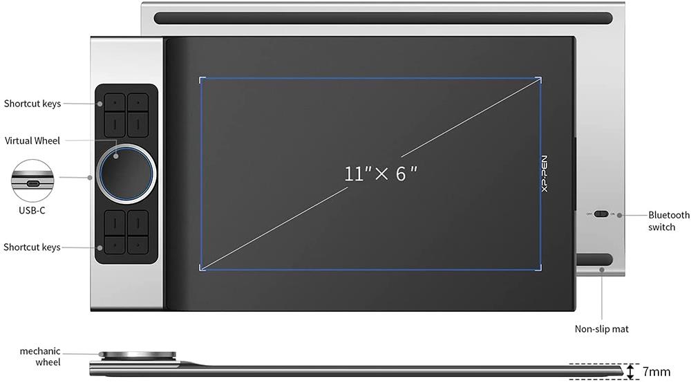 XP-PEN Deco Pro MW Graphic Tablet with 11 x 6 Inch Work Surface, 8192 Level Stylus Pen, for Drawing, Design, Editing, Compatible with Mac, Windows, Android - Black