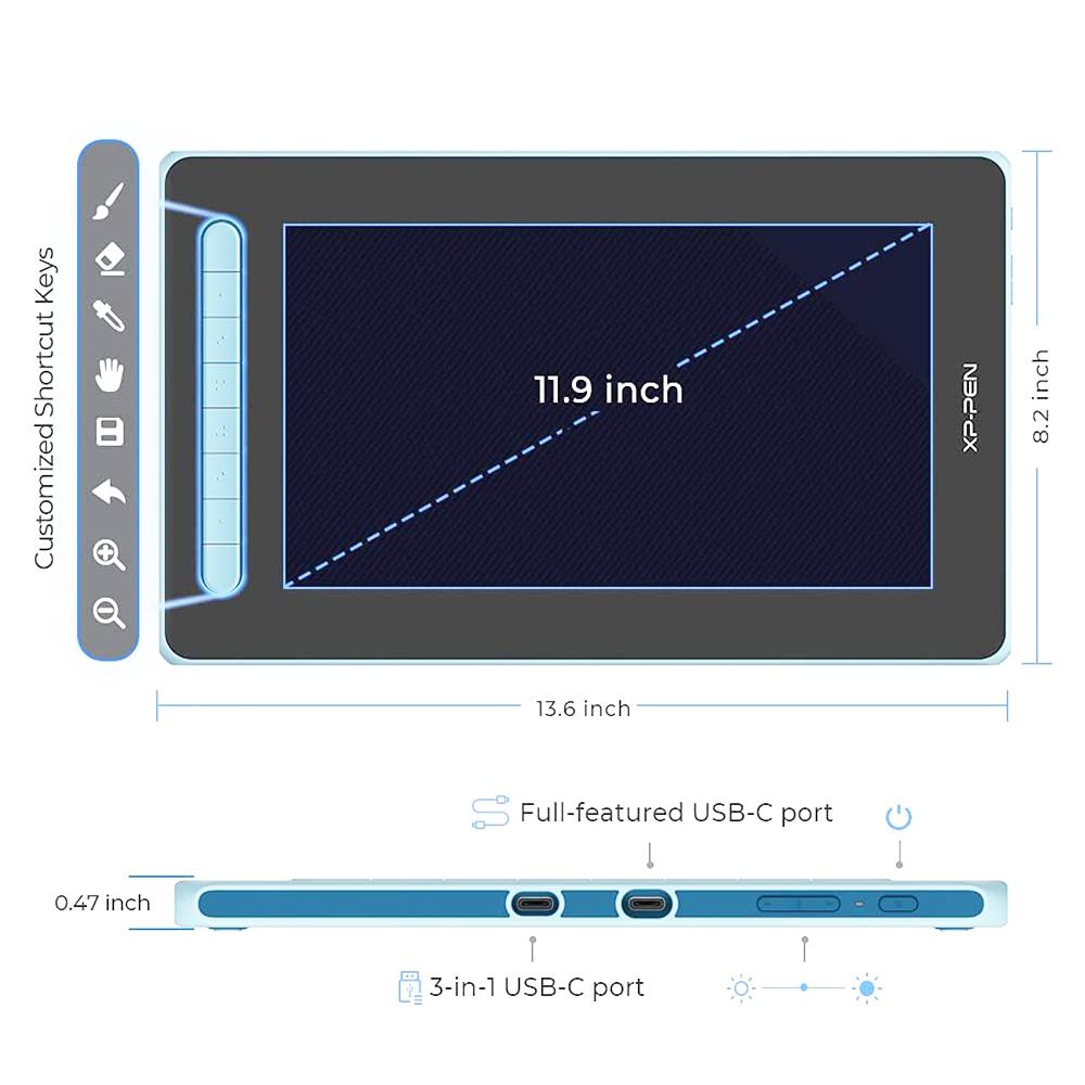 XP-PEN Artist 12 2nd Generation Graphic Tablet with 13.6 x 8.2 Inch 127% sRGB Display, 8192 Level Stylus Pen, for Drawing, Design, Editing, Compatible with Windows, Mac, Chrome OS, Linux, Android - Blue