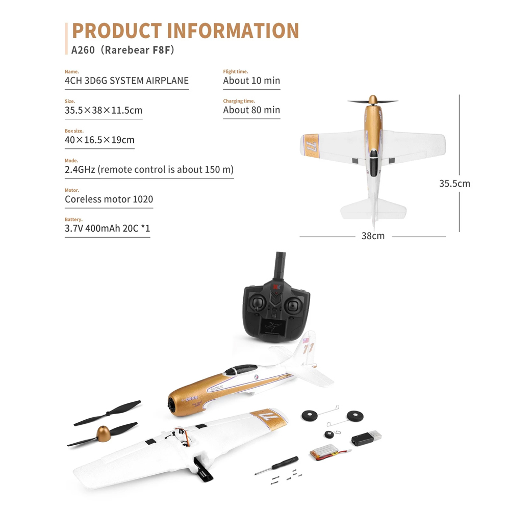 XK A260 F8F RC Airplane 384mm Wingspan 2.4G 4CH 3D/6G System RTF