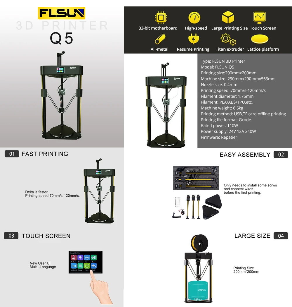 Flsun Q5 Delta 3D Printer, 32Bit Mainboard,  Titan Extruder, Auto Leveling, 70mm/s-120mm/s Printing Speed, 200x200mm Build