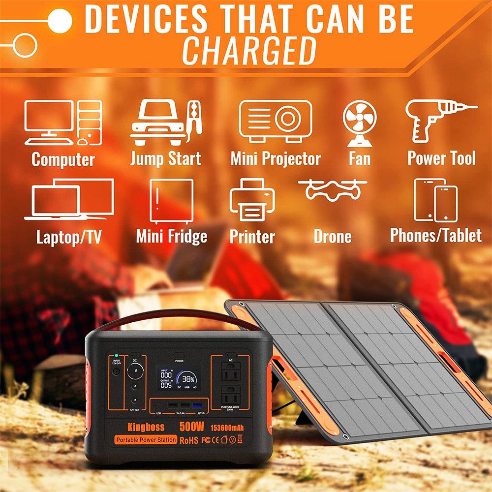500W Portable Power Station Kingboss, 568WH 153600mAh Outdoor Solar Generator Backup Lithium Battery with 110V/500W AC O