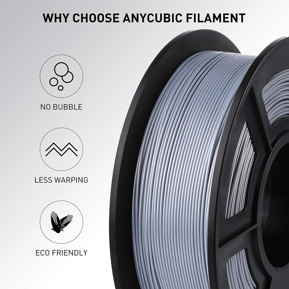Anycubic PLA 3D Yazıcı Filamenti 1.75mm Boyutsal Doğruluk +/- 0.02mm 1KG Makara (2.2 lbs) - Gümüş