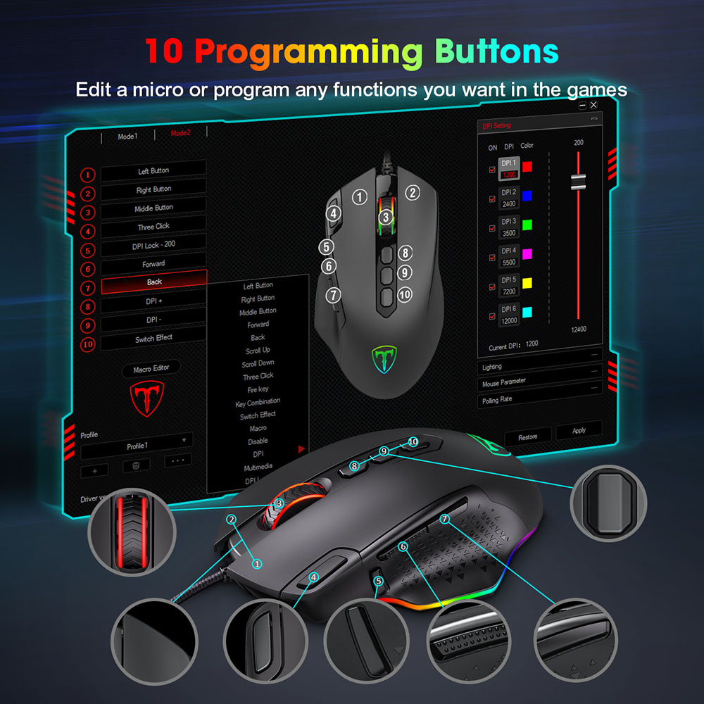 Mouse da gioco cablato 257A 10 pulsanti programmabili Mouse da gioco RGB con pulsante di fuoco e pulsante cecchino
