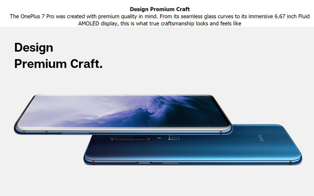 OnePlus 7 Pro Global Version 4G LTE Smartphone 6.67 Inch QHD+ Screen Qualcomm Snapdragon 855 12GB RAM 256GB ROM Triple Rear Cameras Android 9 - Blue
