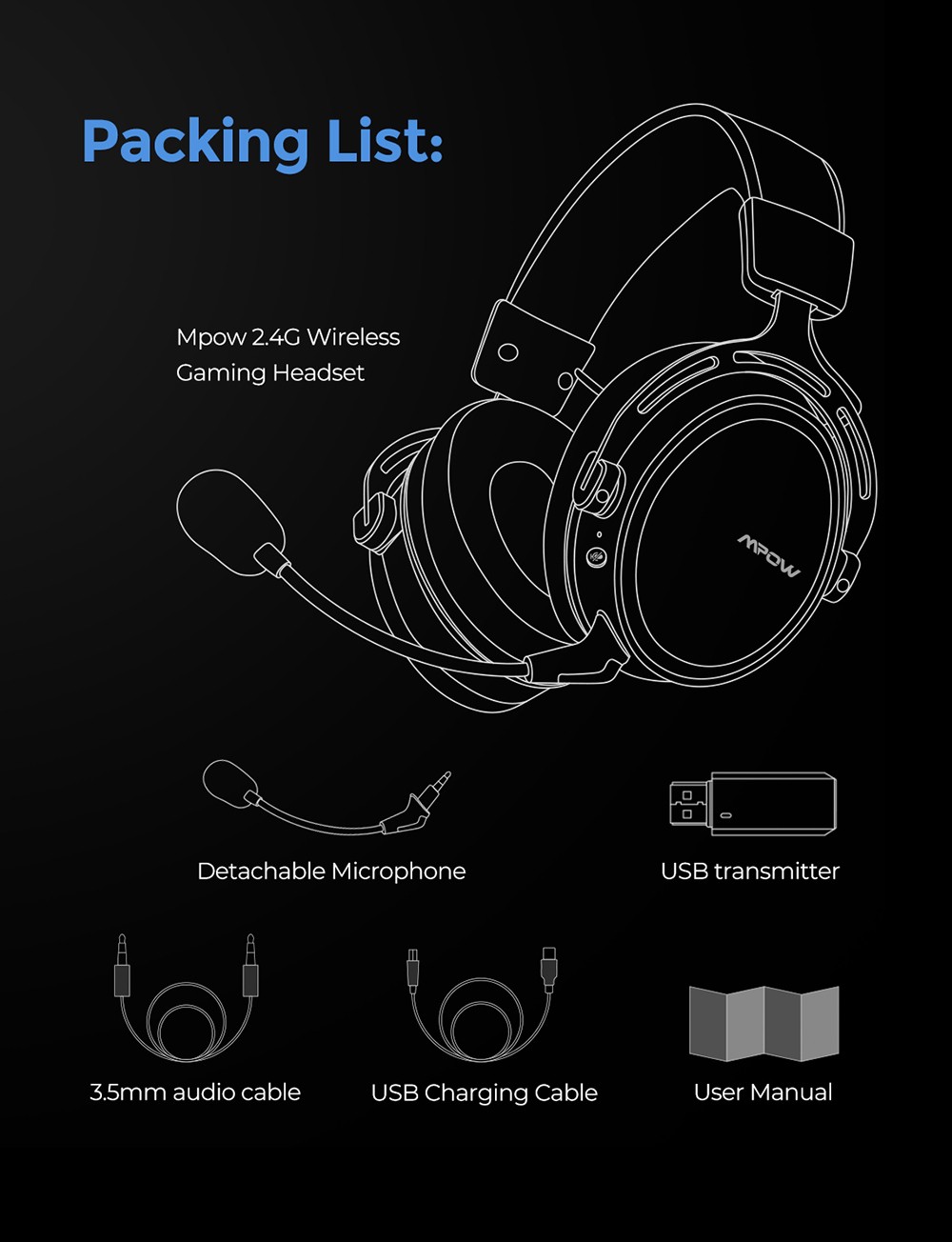 Bezprzewodowy zestaw słuchawkowy do gier Mpow Air SE 2.4G do komputera PC PS5 PS4 z dźwiękiem przestrzennym 3D