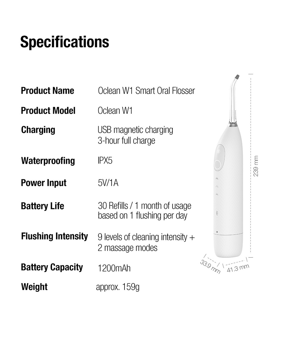 Oclean W1 Portable Electric Oral Irrigator Wireless Water Resistant USB Charging Water Flosser 3 Cleaning Modes - White